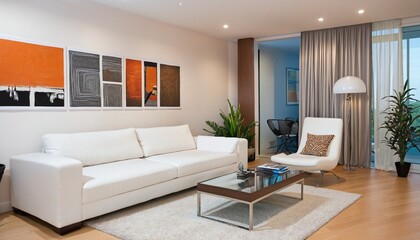 The interior of the modern living room has a white sofa and orange walls in Bright Colours 
