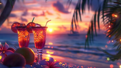 Two tropical cocktails with a sunset backdrop and bokeh lights, evoking a sense of romantic beach getaway at twilight