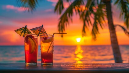 Two ombre shaded cocktails sit on a wooden ledge against the backdrop of a sun setting over the ocean - obrazy, fototapety, plakaty