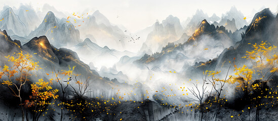 Traditional Asian ink painting depicting misty mountains with delicate foliage accents. - obrazy, fototapety, plakaty