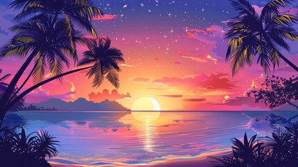 A mesmerizing graphic of a tropical sunset with palm trees and starry sky implies serenity