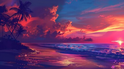 This digital illustration depicts a calm beach as the setting sun turns the sky into stunning shades of red and pink