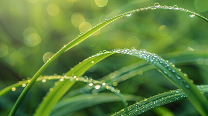 Naklejka premium Dew-covered green leaf with radiant sun shining in the distance