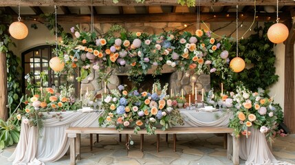   A table adorned with assorted flowers, suspended lights overhead