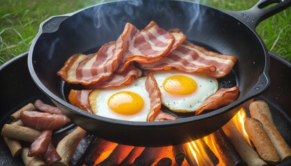 Camping breakfast with bacon and eggs in a cast iron skillet in Bright Colours 