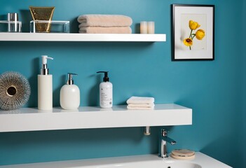 Accessories on white shelf in bathroom interior on blue wall in Bright Colours 