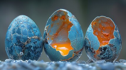   Three cracked eggs atop a mosaic of blue and white eggshells; one eggshell holds a broken egg - obrazy, fototapety, plakaty
