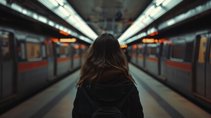 A solitary woman with a backpack stands waiting on a dimly lit subway platform, as the train arrives creating a motion blur effect - obrazy, fototapety, plakaty