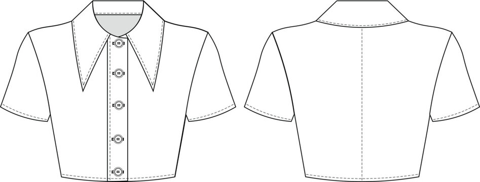 swallowed tailed collared buttoned short sleeves crop cropped shirt blouse top template technical drawing flat sketch cad mockup fashion woman design style model
