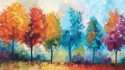 Fotobehang A colorful painting of trees in a landscape. The painting is done in the impressionist style, with thick brushstrokes and vibrant colors. © Suleyman