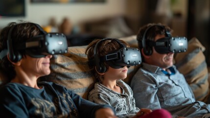 Family sitting on the sofa wearing virtual reality glasses. AI generation.