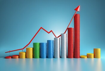 Business growth graph chart in bright colours  on blue background