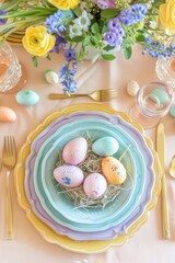 An exquisite festive scene of a table set for Easter brunch with decorated eggs in a nest and colorful flowers enhancing the mood