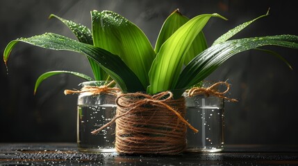   A tight shot of a plant in a vase, rope encircling its top against a backdrop of darkness - obrazy, fototapety, plakaty