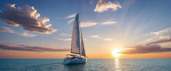 Sailing boat in bright colours  on the sea at sunset