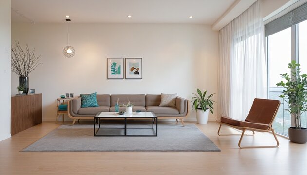 White wall living room have sofa in bright colours 