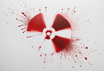  in bright colours red spray stain in shape radiation symbol isolated on white - obrazy, fototapety, plakaty