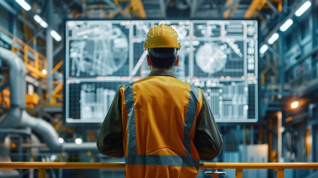 A focused engineer in safety gear observes a large industrial project plan displayed on a digital screen in a factory