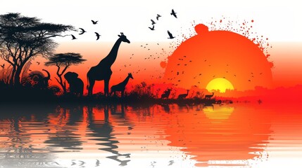   A group of giraffes gathering by a waterbody, sunset casting hues in the backdrop