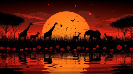   A scene of giraffes grazing atop a verdant field beside a river during sunset