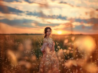 A beautiful woman in a dress with a deep neckline against the backdrop of the sunset. Cinematic. AI generative. - obrazy, fototapety, plakaty