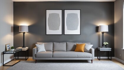Posters in grey living room in Bright Colours 