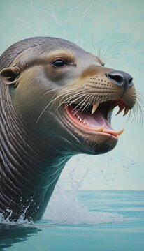 Painted portrait of a sea lion in water in Bright Colours 