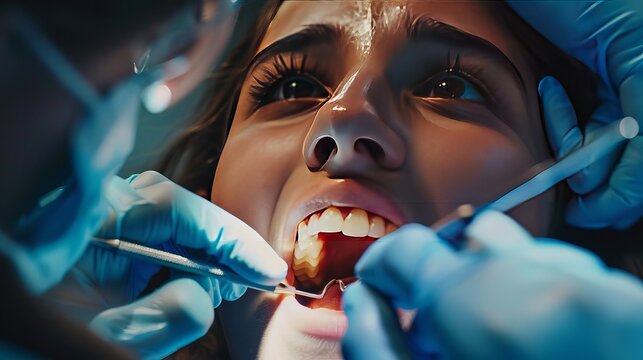 A dentist wearing gloves and not showing their face uses a dental tool to treat the teeth of a female patient who is wearing braces during an appointment at a clinic.