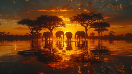   A group of elephants wading through water as the sun sets, backdropped by trees