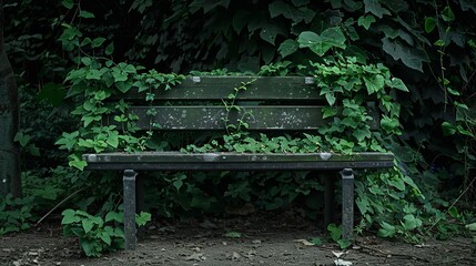 A deserted bench entwined with greenery.