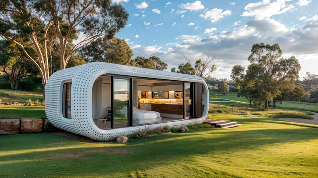 Modern capsule house with curved architecture on the field