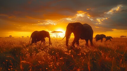 Fototapeta na wymiar A herd of elephants traverses a grassy field, beneath a cloud-studded sky, as the sun sets in the distance