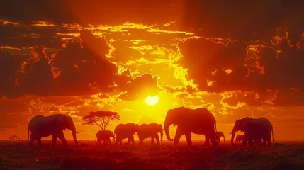 Gardinen   A herd of elephants atop a verdant field, under a cloud-studded sky, with the sun casting a distant, golden glow © Anna