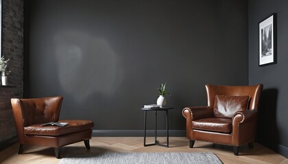 Wall mockup in black in bright colours tones with leather armchair on dark wall - obrazy, fototapety, plakaty