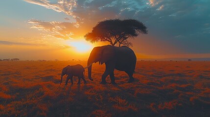 Fototapeta na wymiar Two elephants atop a verdant field, surrounded by a solitary tree and the golden sun behind