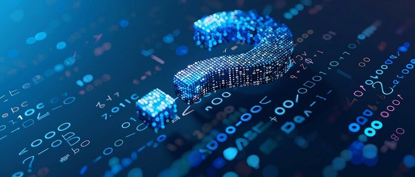 digital 3d question mark with binary code, ai in question answering systems, natural language processing algorithms, information retrieval platforms, and personalized knowledge assistance.
