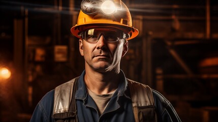 Blue collar laborer wears a hard hat fitted with a headlamp, symbolizing dedication and readiness to work in various conditions.