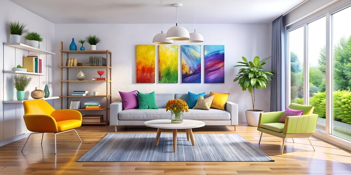 art colored shapes minimalism style room. Living room in the style of minimalism, with colored objects. Rainbow colors, colorful pictures, shapes, objects Generated