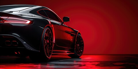 Luxury Car Advertisement, Sleek Black Sports Car on Vibrant Red Background