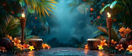 Tropical Luau Ambience with Drums and Tiki Lights. Concept Tropical Luau Ambience, Drums, Tiki Lights - obrazy, fototapety, plakaty