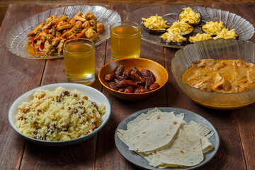set table meat bread fruits for eid al fitr holiday meal