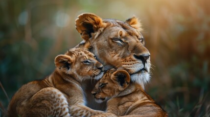 Obraz premium Wildlife Photography, Intimate Moment of Lioness and Cubs in Natural Habitat