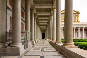 Basilica of Saint Paul outside Walls colonnade in Rome, Italy