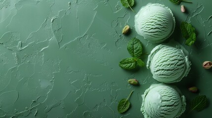   Three scoops of ice cream atop a green leafy surface, adorned with leaves and nuts