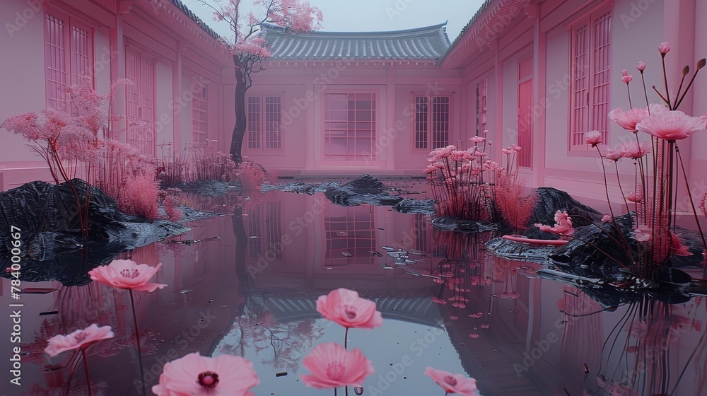 Poster reflection of a building in a pink-flowered pond with a tree in the background