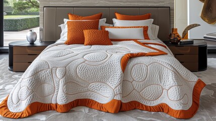   A bed with a white-orange bedspread and two orange pillows A black table with a vase - obrazy, fototapety, plakaty