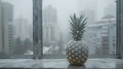   A pineapple on a windowsill, overlooking a city shrouded in fog