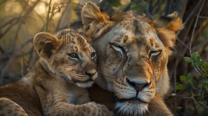 Obraz premium Wildlife Photography, Intimate Moment of Lioness and Cubs in Natural Habitat