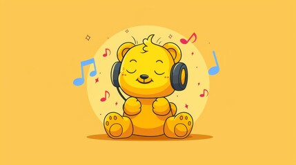   A  bear wearing headphones sits against a yellow backdrop adorned with music notes near its ears