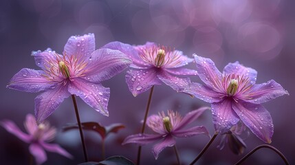   A group of purple flowers bears water droplets, situated in front of a bokeh  of combined purple and pink hues - obrazy, fototapety, plakaty